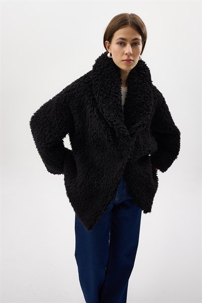Siyah Çıt Çıtlı Peluş Kadın Kaban 8471