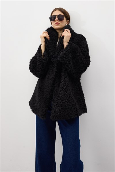 Siyah Çıt Çıtlı Peluş Kadın Kaban 8471