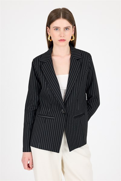 Siyah Çizgili Tek Düğmeli Blazer Ceket 4594A