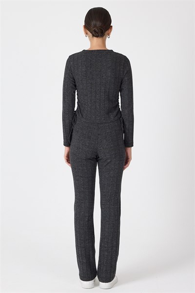 Siyah Fitilli Crop Bluz Pantolon İkili Takımı 8114A