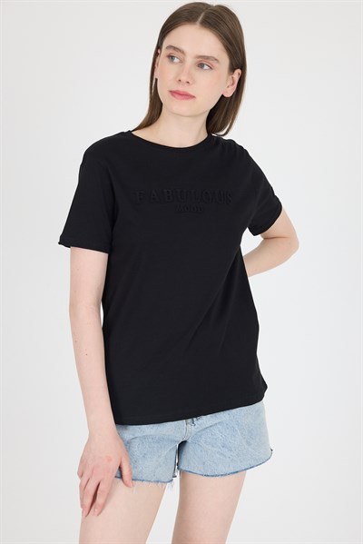 Siyah Kabartma Yazılı Relaxed Fit Tişört 25209