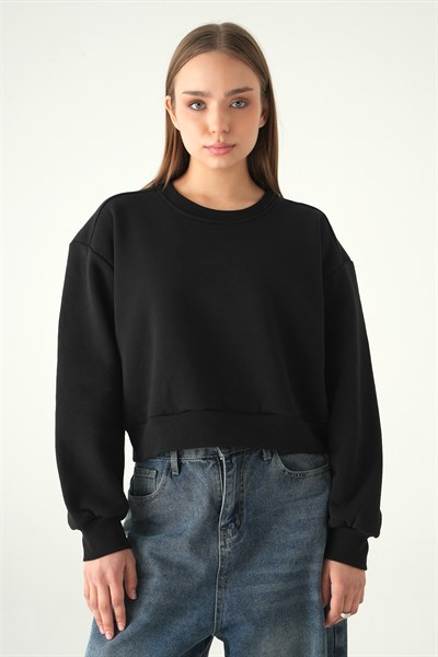 Siyah Kadın Crop Bisiklet Yaka Sweatshirt 9210M