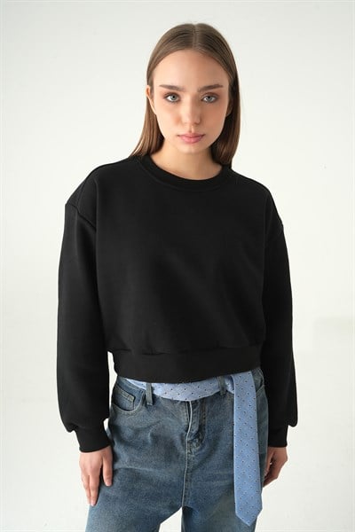 Siyah Kadın Crop Bisiklet Yaka Sweatshirt 9210M