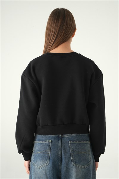 Siyah Kadın Crop Bisiklet Yaka Sweatshirt 9210M