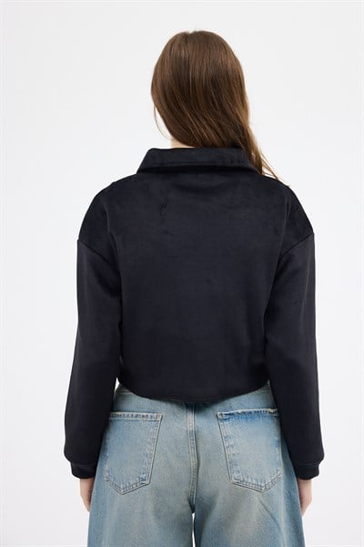 Siyah Kadın Peluş Yarım Fermuarlı Crop Sweatshirt 3056A