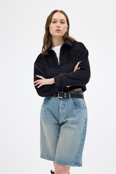 Siyah Kadın Peluş Yarım Fermuarlı Crop Sweatshirt 3056A