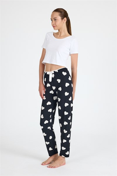 Siyah Kalp Desenli Örme Pijama Altı 4522