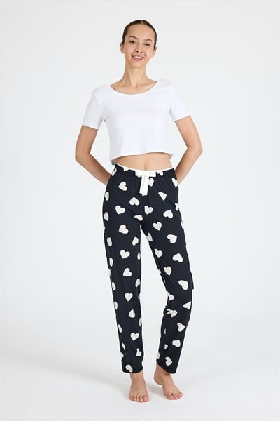 Siyah Kalp Desenli Örme Pijama Altı 4522