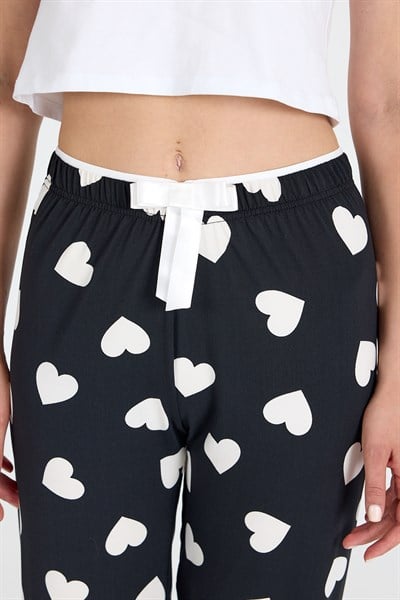 Siyah Kalp Desenli Örme Pijama Altı 4522