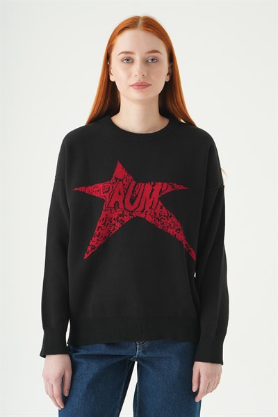 Siyah-Kırmızı Yıldız Baskılı Oversize Kazak 2474