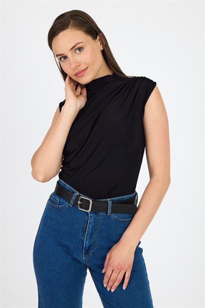 Siyah Kolsuz Büzgülü Sandy Bluz 2430