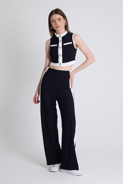 Siyah Kolsuz Crop Bluz ve Şeritli Palazzo Pantolon Takım 2215