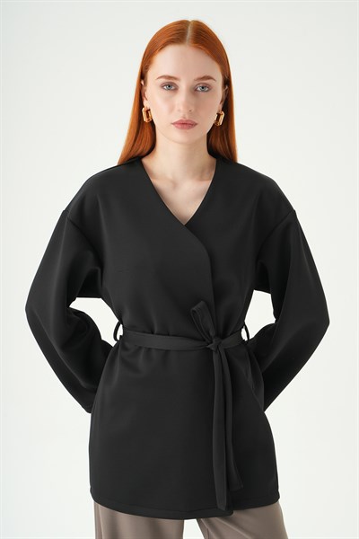 Siyah Kuşaklı Geniş Kol Kimono 3068A