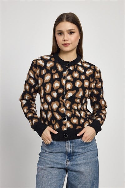 Siyah Leopar Detay Triko Hırka 24367