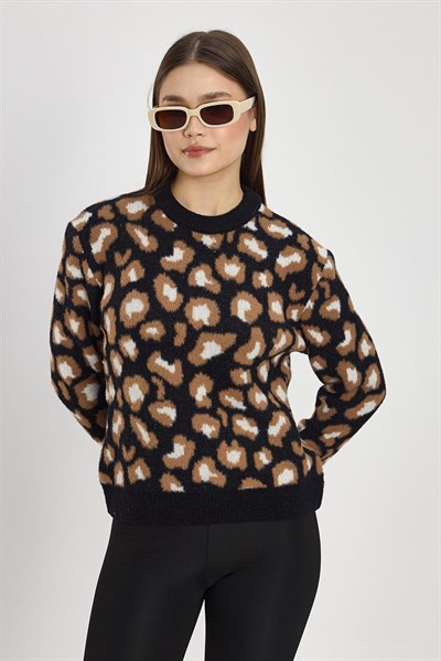 Siyah Leopar Detay Triko Kazak 24342
