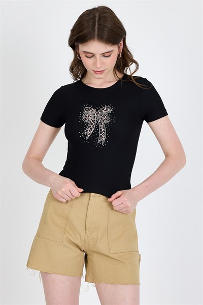 Siyah Leopar Fiyonk Baskılı Taş Detaylı Slim Fit Crop Tişört 0549-1