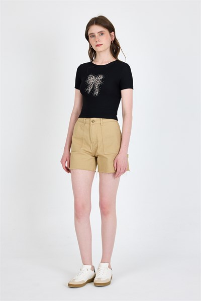 Siyah Leopar Fiyonk Baskılı Taş Detaylı Slim Fit Crop Tişört 0549-1
