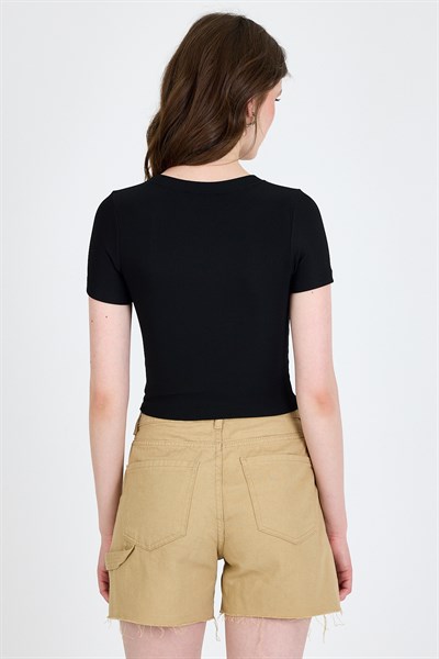 Siyah Leopar Fiyonk Baskılı Taş Detaylı Slim Fit Crop Tişört 0549-1