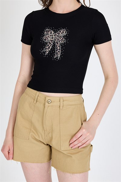 Siyah Leopar Fiyonk Baskılı Taş Detaylı Slim Fit Crop Tişört 0549-1