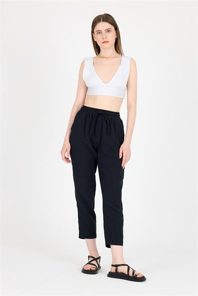 Siyah Müslin %100 Pamuk Beli Lastikli Pantolon 8055A