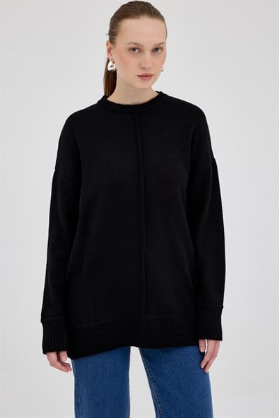 Siyah Oversize Bisiklet Yaka Kadın Kazak 2345
