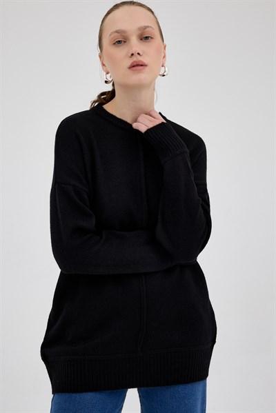 Siyah Oversize Bisiklet Yaka Kadın Kazak 2345