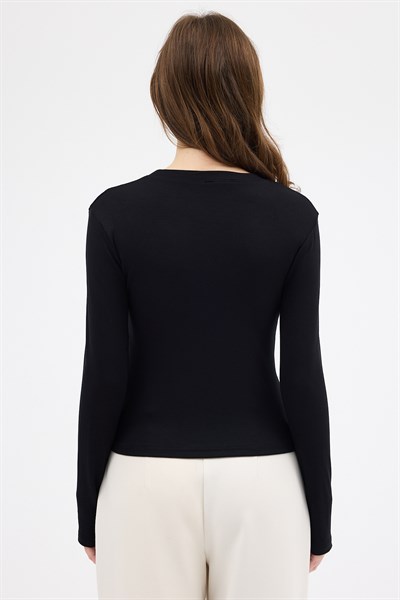 Siyah Premium/Viskoz Yumuşak Kumaşlı Parmak Geçmeli Crop Bluz 8162A