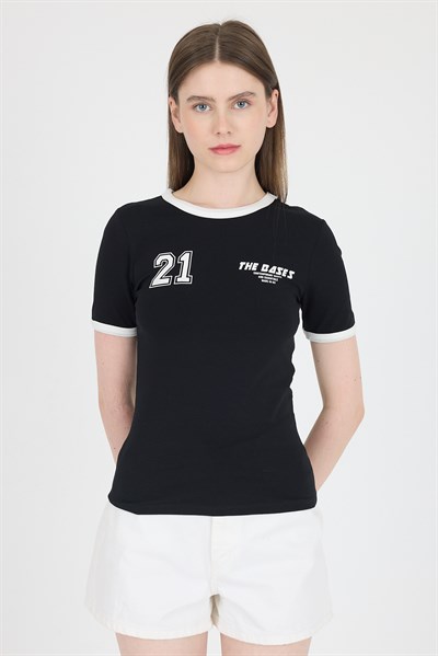 Siyah Ribanalı Yazı Baskılı Slim Fit Tişört 5981