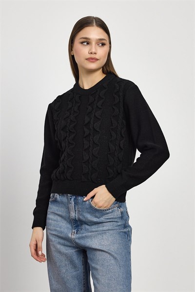 Siyah Simli Fırfır Detay Kazak 24364