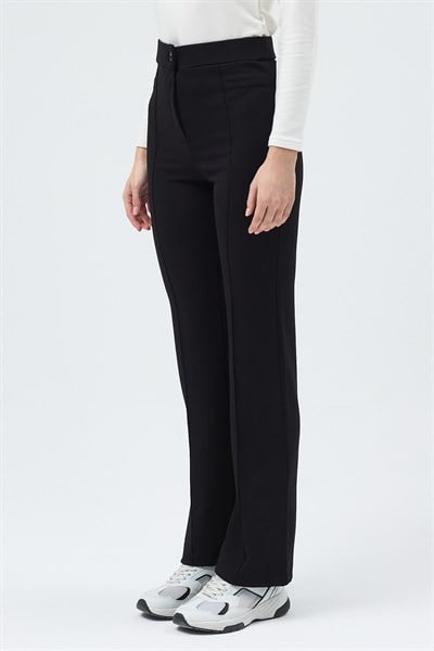 Siyah Straight/Düz Kesim Yüksek Bel Nervür Dikişli Örme Pantolon TCR-6873A