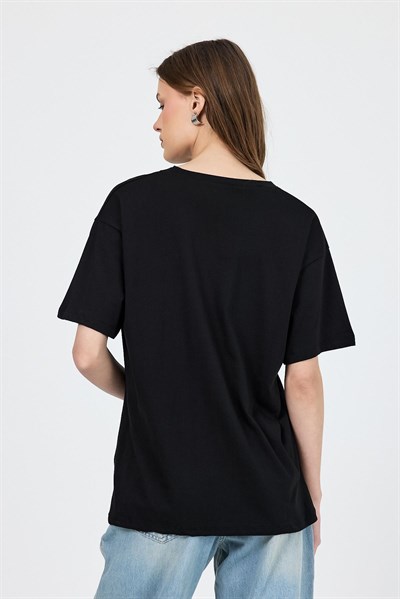 Siyah V Yaka %100 Pamuk Comfort Fit Tişört 2143M