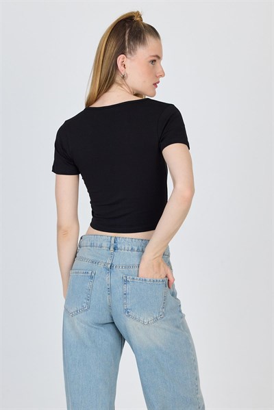 Siyah V Yaka Büzgülü Crop Tişört 9201M