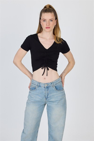Siyah V Yaka Büzgülü Crop Tişört 9201M