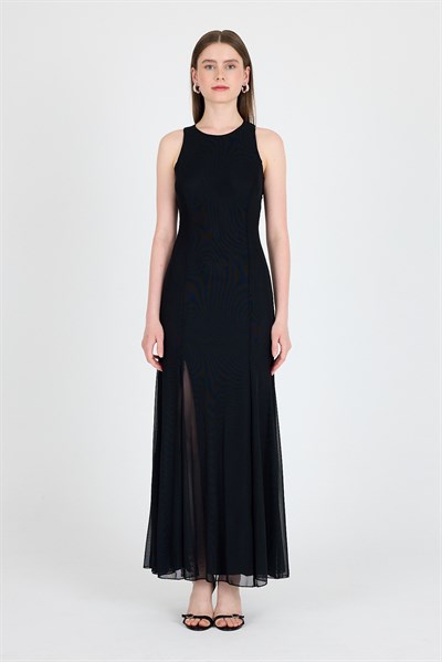 Siyah Yandan Yırtmaçlı Tül Uzun Elbise 251657
