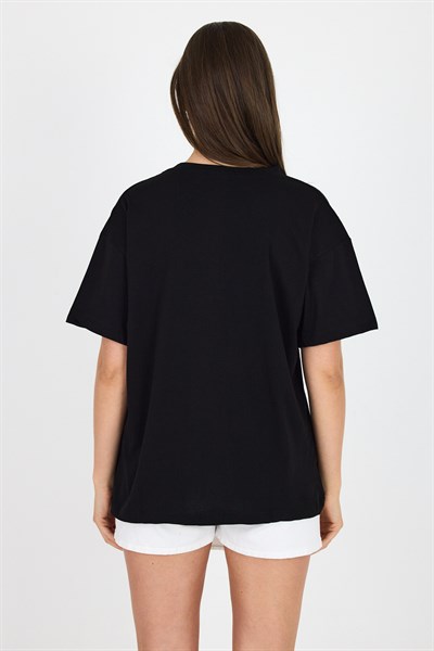 Siyah Yazı Baskılı %100 Pamuk Oversize Tişört 2150-10M