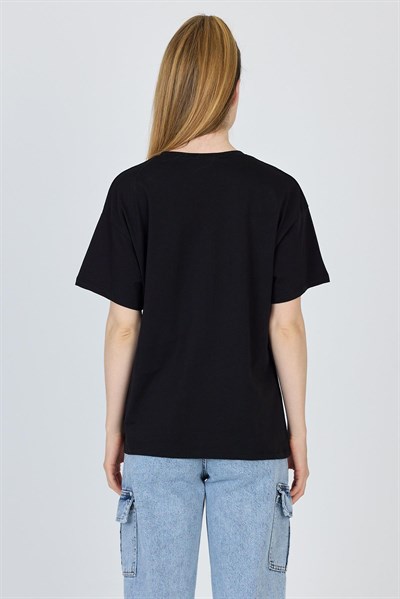 Siyah Yazı Baskılı %100 Pamuk Oversize Tişört 2150-9M