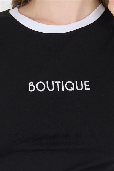 Siyah Yazı Baskılı Biyeli Pamuklu Slim Fit Tişört 9192M