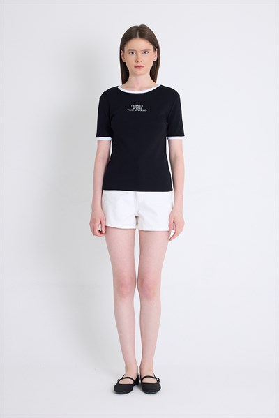 Siyah Yazı Baskılı Relaxed Fit Tişört 5793