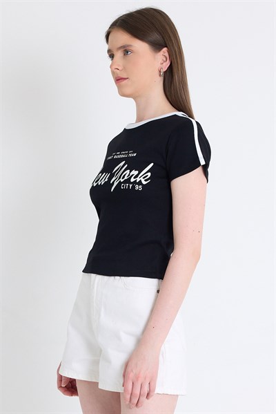 Siyah Yazı Baskılı Slim Fit Crop Tişört 6059