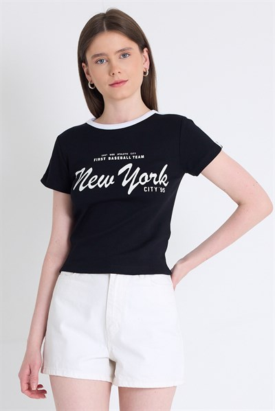Siyah Yazı Baskılı Slim Fit Crop Tişört 6059