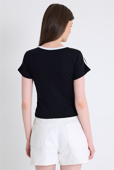 Siyah Yazı Baskılı Slim Fit Crop Tişört 6059