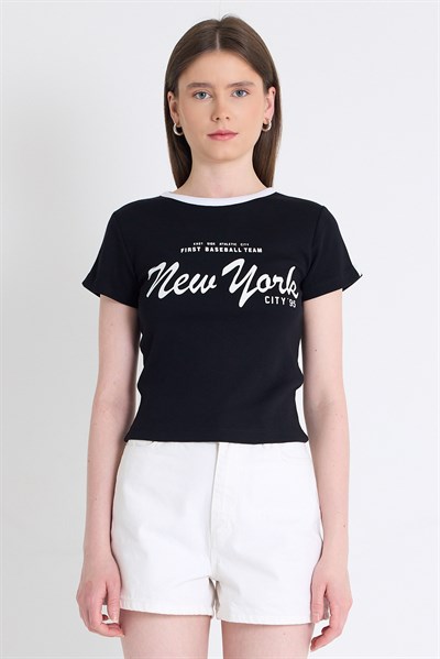 Siyah Yazı Baskılı Slim Fit Crop Tişört 6059