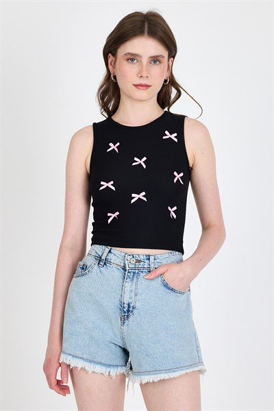 Syah Fiyonk İşlemeli Crop Örme Atlet 0849