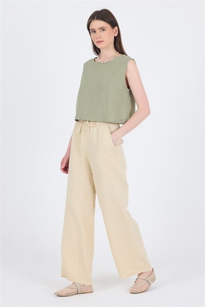 Taş  %100 Pamuk Müslin Palazzo/Bol Paça Pantolon 8056A