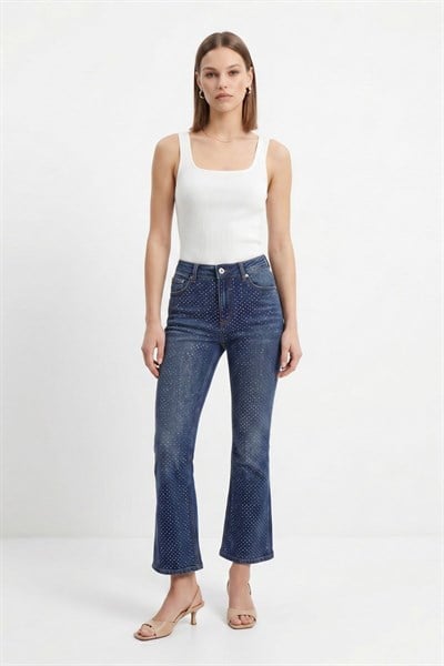 Tint Kahve Yüksek Bel Taşlı Jean 3047