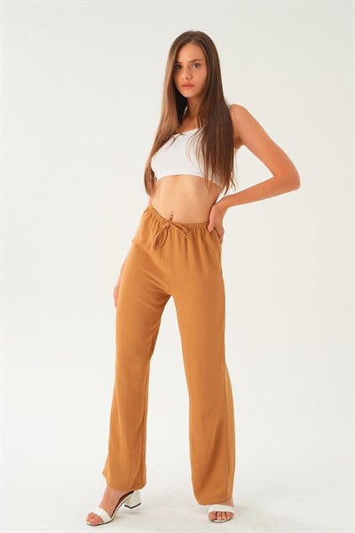 Vizon Beli Lastikli Bol Paça Dokuma Pantolon 4284-1