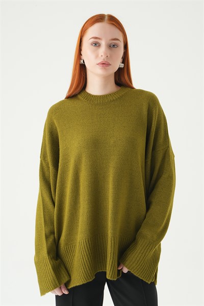 Yağ Yeşili Bisiklet Yaka Oversize Kazak 2450