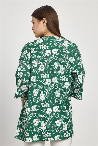 Zümrüt Çiçek Desen Fakir Kol Kimono 4463A