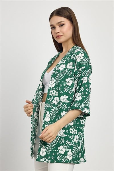 Zümrüt Çiçek Desen Fakir Kol Kimono 4463A