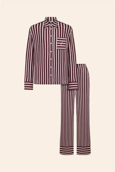 %100 Pamuklu Çizgili Gömlek Pijama Takımı / Bordo